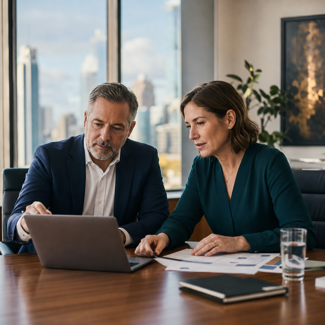 Two executives working together at a laptop in a boardroom setting